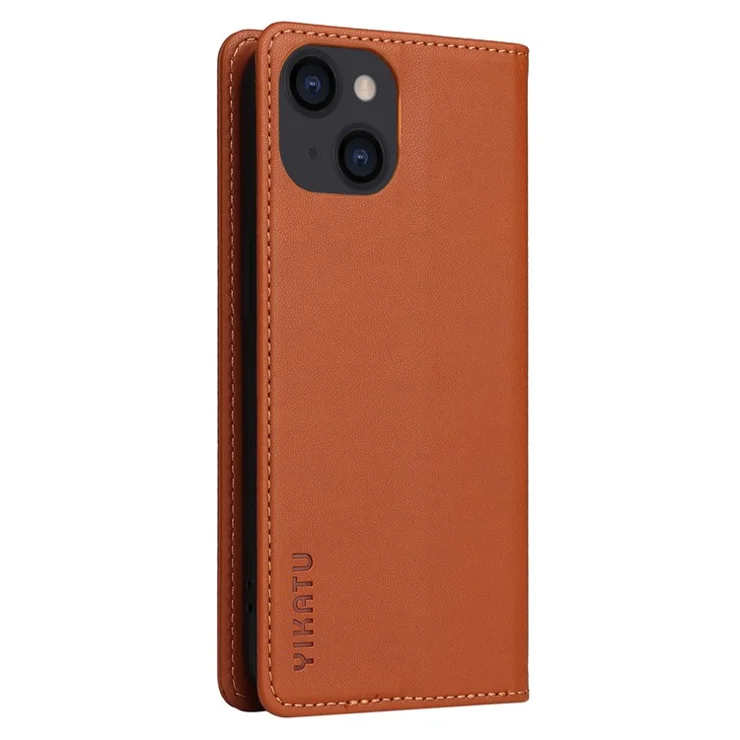 YIKATU Shockproof Phone Cover For iPhone 14 6.1 inch, YK- 001 PU Leather Flip Wallet Case Stand Magnetic Auto-absorbed Phone Shell - Brown