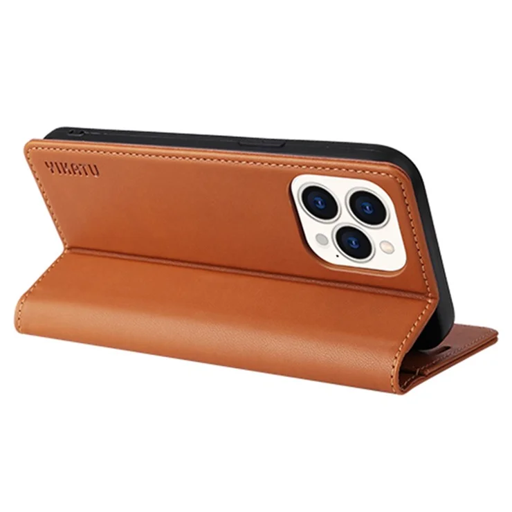 YIKATU For iPhone 14 Pro Max 6.7 inch YK- 001 PU Leather Flip Wallet Case Strong Magnetic Auto-absorbed Stand Phone Cover - Brown