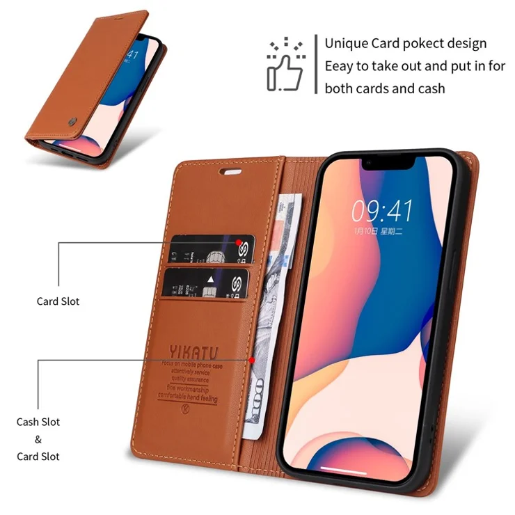 YIKATU For iPhone 13 Pro Max 6.7 inch YK- 001 Shockproof PU Leather Flip Wallet Case Strong Magnetic Auto-absorbed Stand Phone Cover - Brown