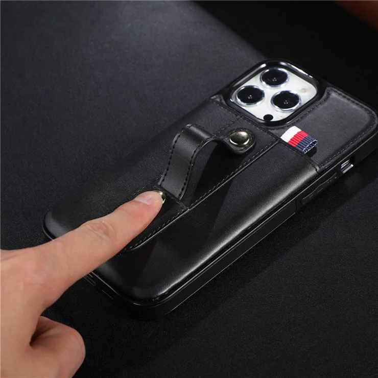 For iPhone 13 Pro Max 6.7 inch Handy Grip Strap Phone Case Built-in Card Slot Kickstand PU Leather Coated TPU Phone Cover - Black