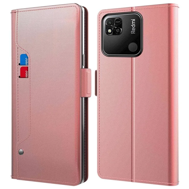 For Xiaomi Redmi 10C 4G PU Leather Stand Card Holder Phone Case Drop-proof Magnetic Protector with Makeup Mirror - Rose Gold