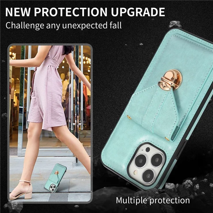 For iPhone 14 Pro Max 6.7 inch Phone Pouch Shoulder Bag Anti-scratch PU Leather+TPU Kickstand Phone Case - Green