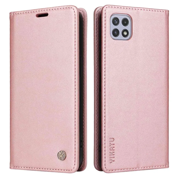 YIKATU Phone Flip Wallet Case for Samsung Galaxy A22 5G (EU Version), YK- 001 Magnetic Closure PU Leather Phone Cover Stand - Rose Gold