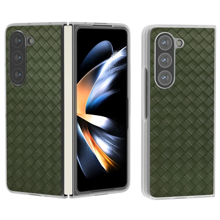For Samsung Galaxy Z Fold6 5G Case Woven Texture Frosted Frame PU Leather Phone Cover - Green