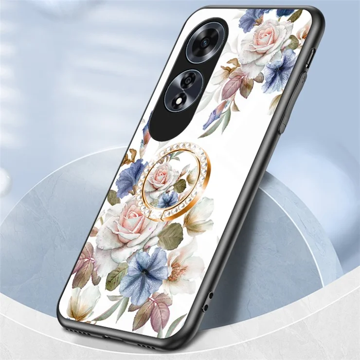 For Oppo A60 4G Case Patterned Tempered Glas Phone Cover with Ring Kickstand - Gardenias