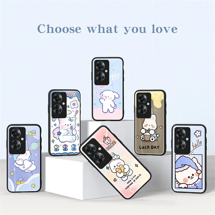For Oppo Reno11 F 5G Case Cartoon Animal Print Tempered Glass Shockproof Phone Cover - Angel Cat