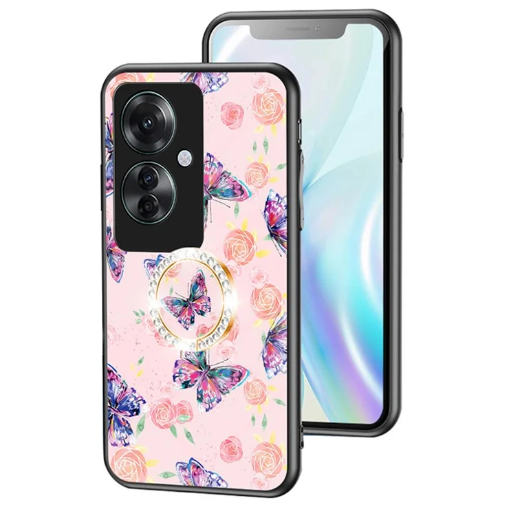 For Oppo Reno11 F 5G Case Butterfly Print Tempered Glass Kickstand Phone Cover - Rose Butterfly