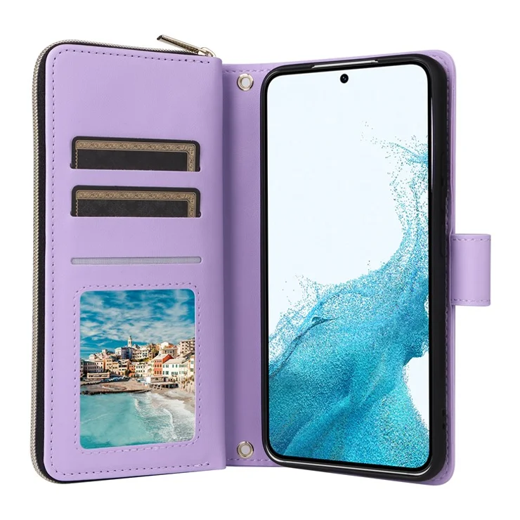 For Samsung Galaxy S22 5G Case Wallet Rhombus Grid Leather Phone Cover with Short / Long Straps - Purple