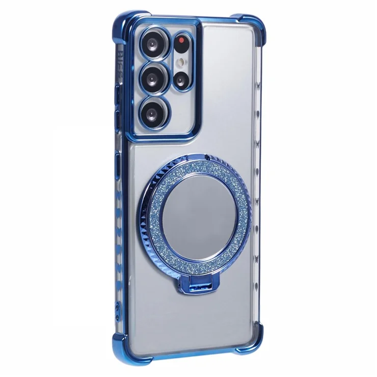 For Samsung Galaxy S21 Ultra 5G Case Makeup Mirror TPU Clear Phone Cover with Kickstand - Blue