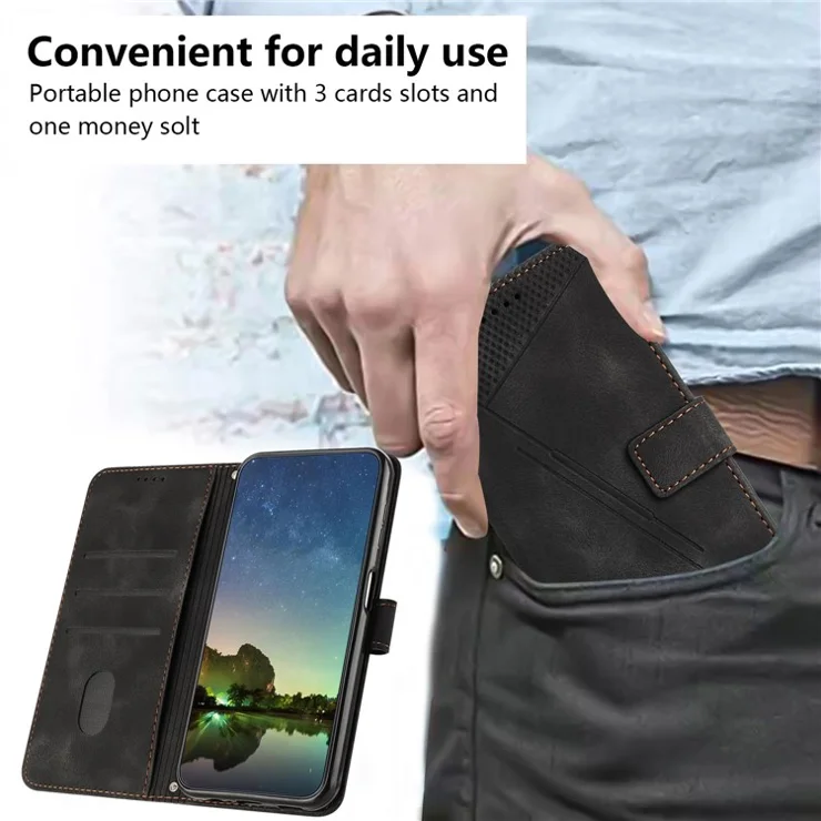For Samsung Galaxy M55 5G / C55 5G / F55 5G Leather Case Triangle Imprinted Folding Stand Phone Cover - Black