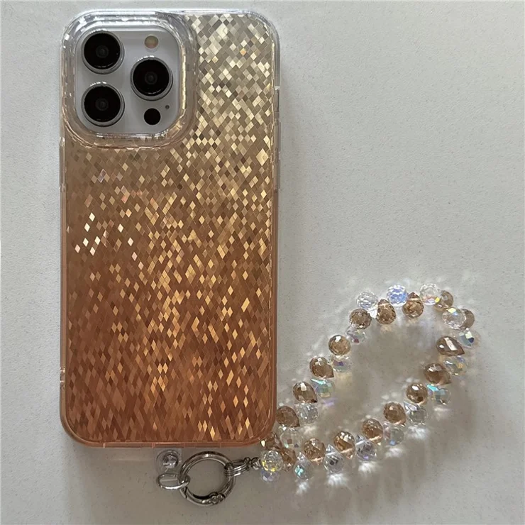 For iPhone 14 Pro Case Rhombic IMD PC+TPU Phone Cover with Beaded Strap - Gold