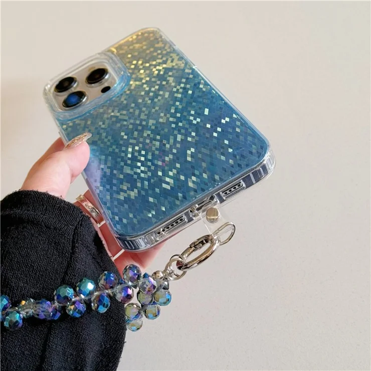 For iPhone 15 Pro Case Rhombic Pattern Dual Side IMD PC+TPU Phone Cover with Crystal Beads Strap - Black