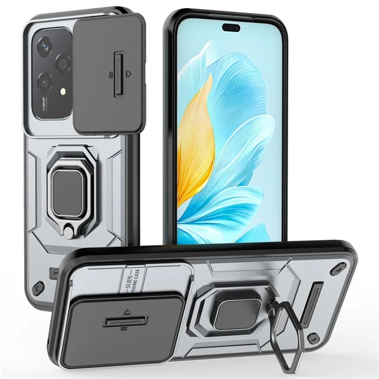 For Honor 200 Lite Case Lens Cover Kickstand PC+TPU Phone Shell - Grey