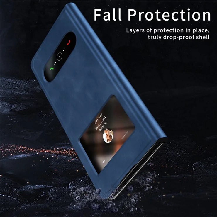For Samsung Galaxy Z Fold6 5G Case Skin-touch PU Leather View Window Phone Cover - Blue