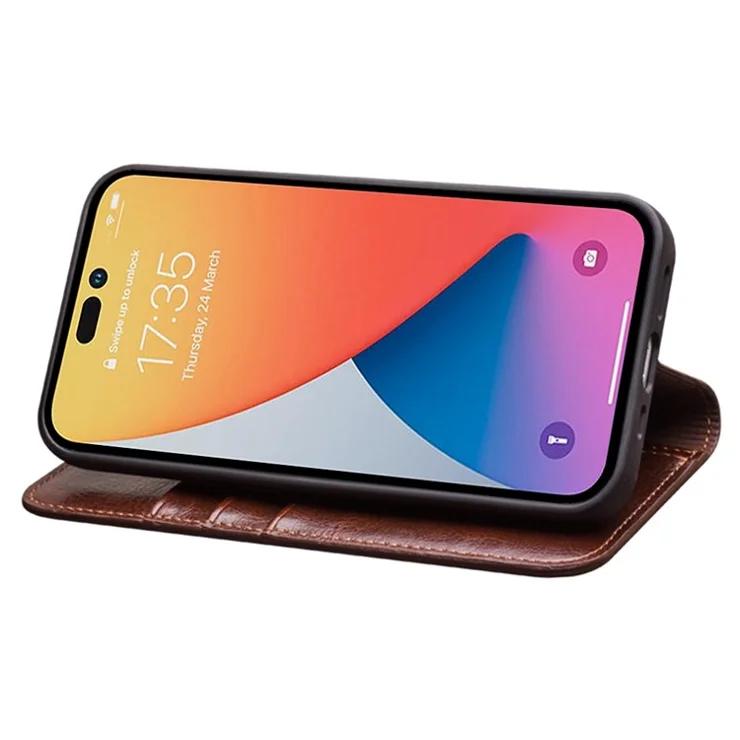 QIALINO For iPhone 14 Pro Max 6.7 inch Phone Flip Wallet Case Stand Drop-proof Genuine Leather Phone Cover - Brown