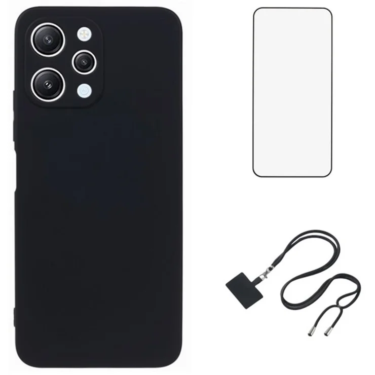 WANLONFENG RB1 Series For Xiaomi Redmi 12 4G TPU Phone Case with Screen Film+Lanyard - Black
