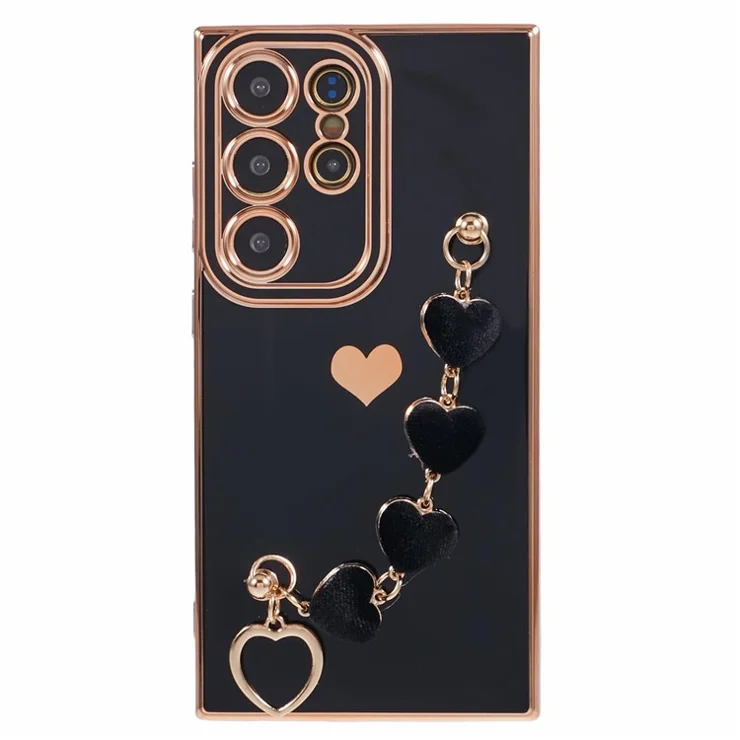 For Samsung Galaxy S22 Ultra 5G Case Heart Pattern Electroplating TPU Cover with Hand Strap - Black