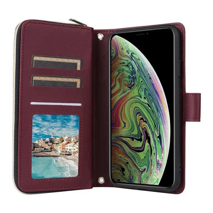 For iPhone XS Max Case Rhombus Leather Phone Cover Wallet with Lanyards - Wine Red