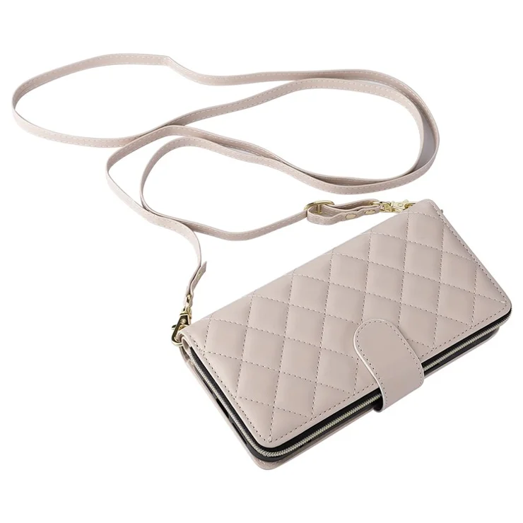 For iPhone 12 mini Zipper Wallet Case Rhombus Leather Handbag Phone Cover - Beige