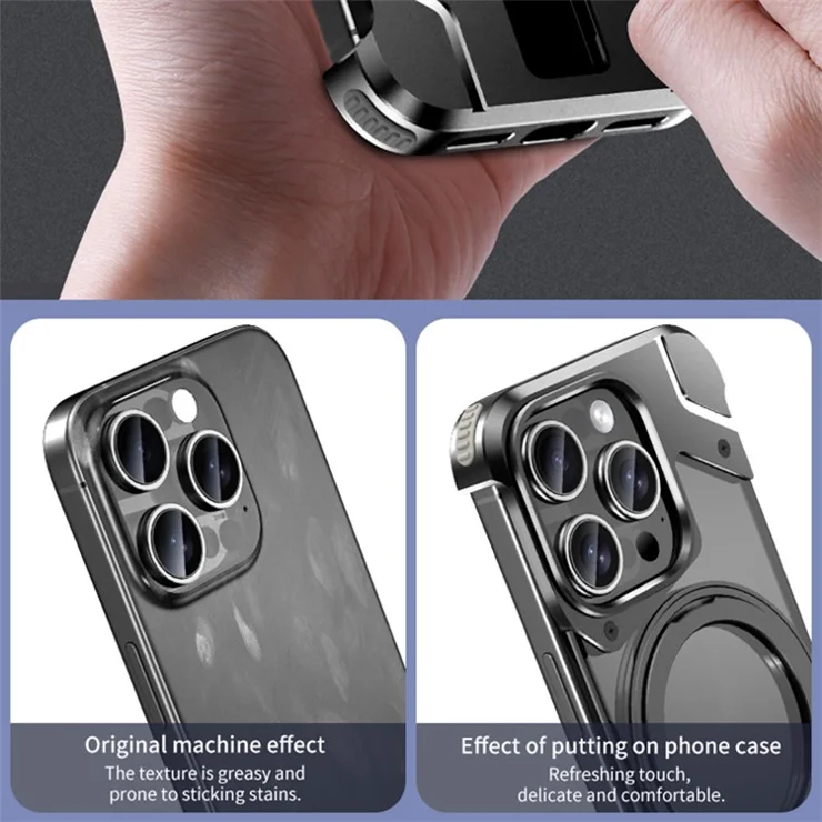 For iPhone 15 Pro Max Magnetic Case Frameless Back Phone Cover with Ring Kickstand - Titanium