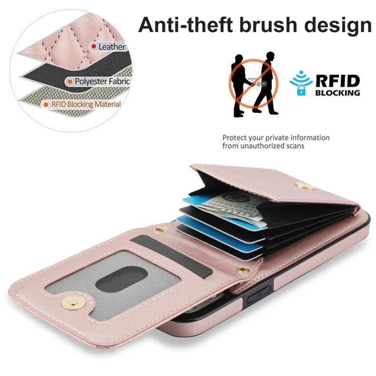 For iPhone 15 Pro Max Case Rhombus Leather + TPU Card Slots Phone Cover with Crossbody Strap - Rose Gold