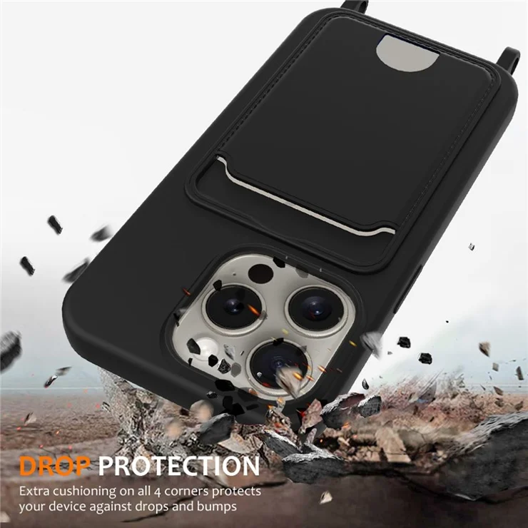 For iPhone 12 Pro Max Liquid Silicone Case with Card Holder Crossbody Phone Cover - Black