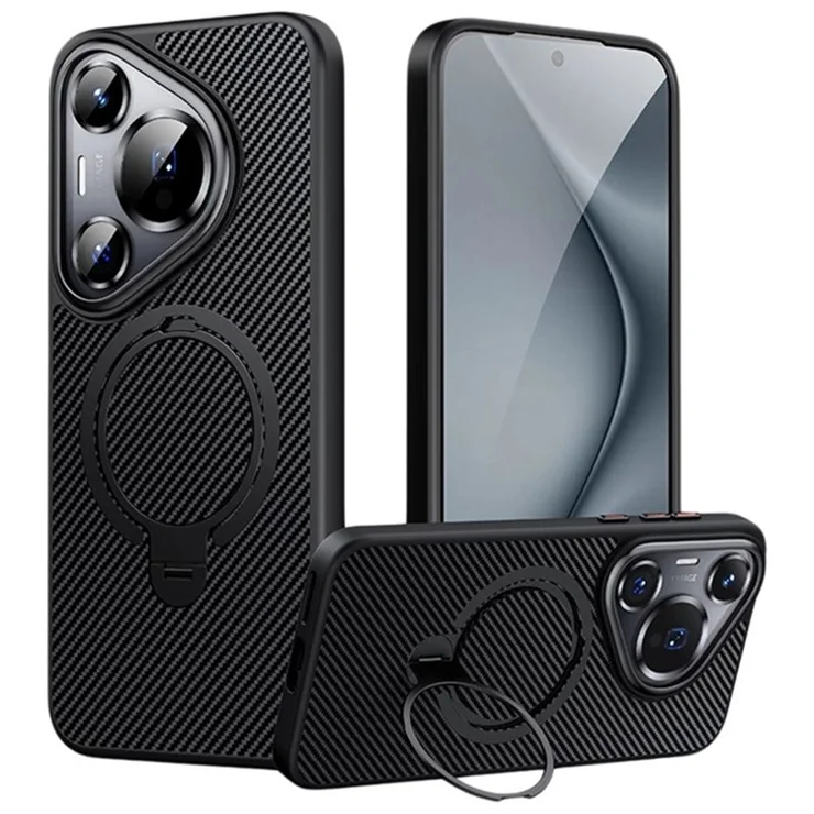 For Huawei Pura 70 Case Compatible with MagSafe Carbon Fiber Texture PC+TPU Kickstand Phone Cover - Black