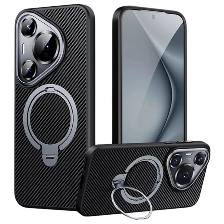 For Huawei Pura 70 Case Compatible with MagSafe Carbon Fiber Texture PC+TPU Kickstand Phone Cover - Silver