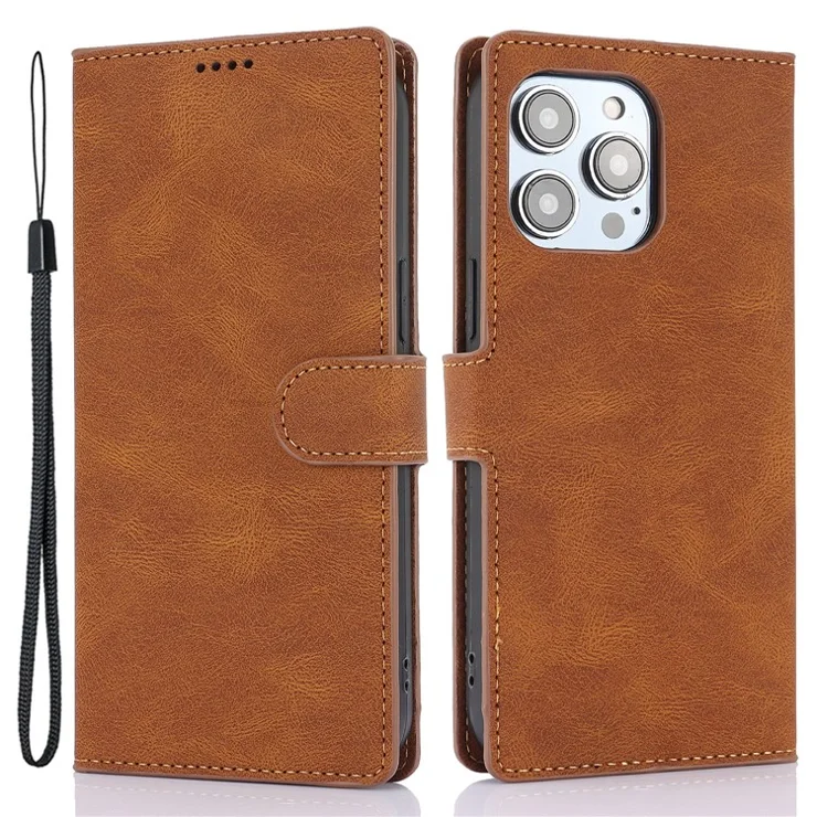 For iPhone 16 Plus Case PU Leather Wallet Phone Cover with Hand Strap - Brown