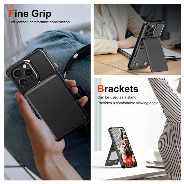 ZM11 For iPhone 12 Pro Max Kickstand Case Leather+TPU Card Slots Phone Cover - Black