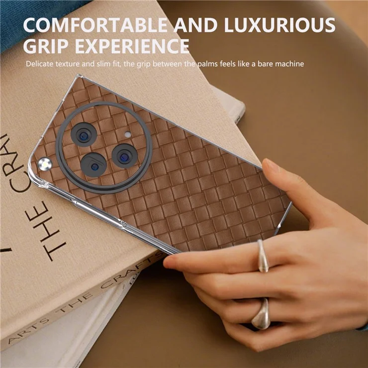 For Oppo Find N3 5G Case Woven Texture Clear Frame Edge Leather+PC Phone Cover - Brown