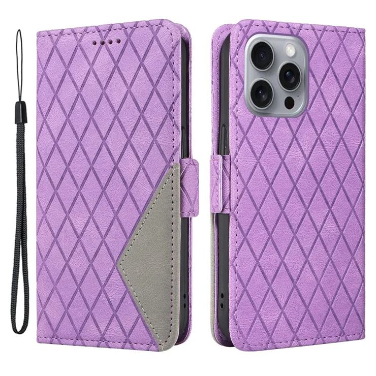 For iPhone 16 Pro Max Case PU Leather Wallet Phone Cover Rhombus Grid Imprinted - Light Purple