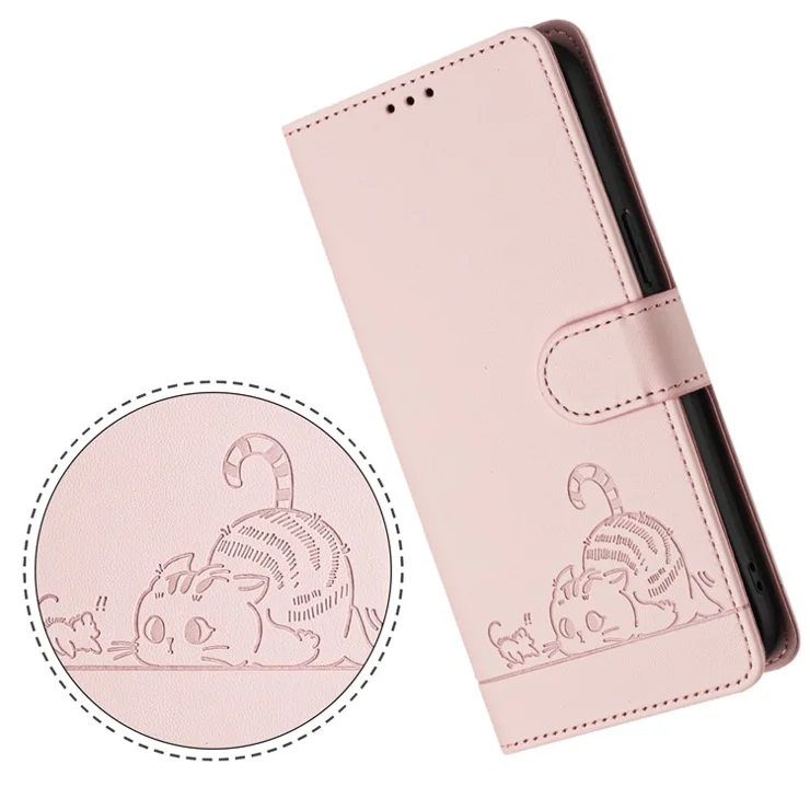 For Google Pixel 8a Case with Strap RFID Blocking Leather Wallet Phone Cover Cat Mouse Pattern - Pink