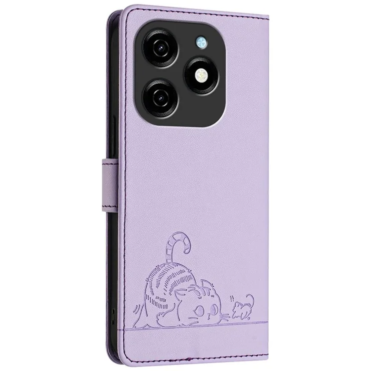 For TECNO Spark 20 Case with Strap RFID Blocking Leather Wallet Phone Cover Cat Mouse Pattern - Purple