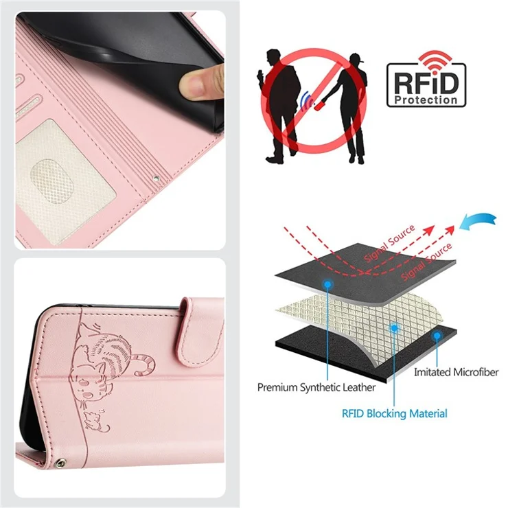 For Oppo Reno11 Pro 5G (Global) Case with Strap RFID Blocking Leather Wallet Phone Cover Cat Mouse Pattern - Pink