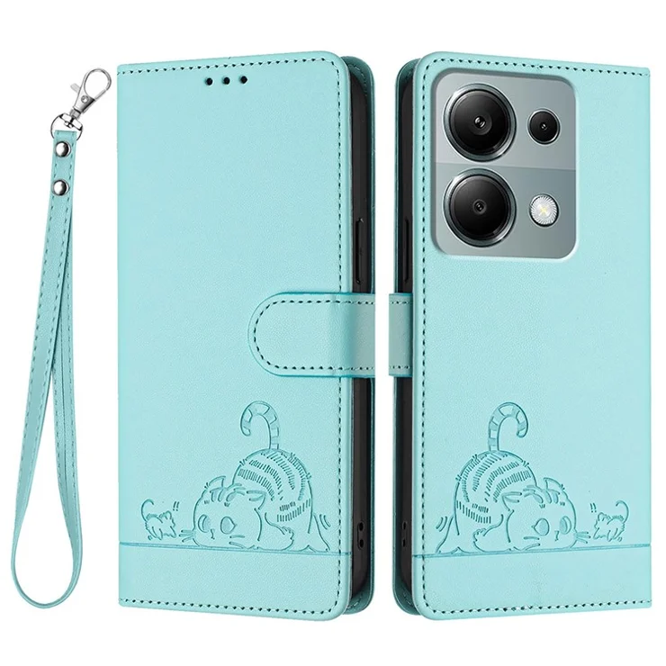For Xiaomi Redmi Note 13 Pro 4G / Poco M6 Pro 4G Case with Strap RFID Blocking Leather Wallet Phone Cover Cat Mouse Pattern - Mint Green