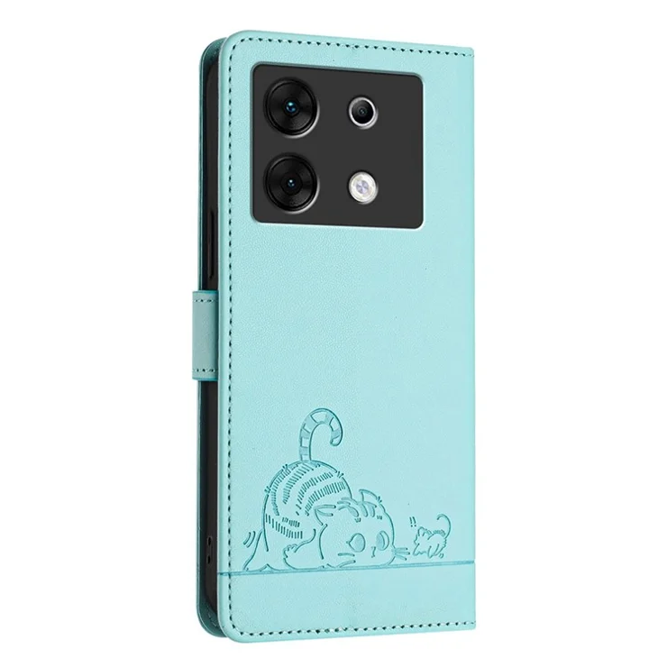 For Infinix Zero 30 5G Case with Strap RFID Blocking Leather Wallet Phone Cover Cat Mouse Pattern - Mint Green