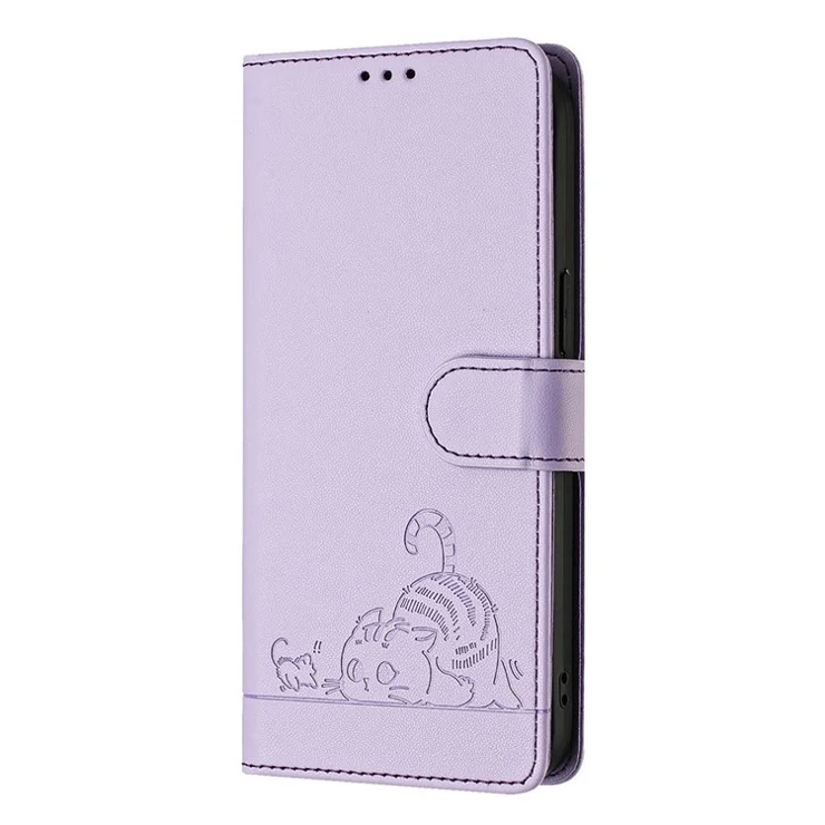 For Xiaomi Redmi A3 / Poco C61 4G Case with Strap RFID Blocking Leather Wallet Phone Cover Cat Mouse Pattern - Purple