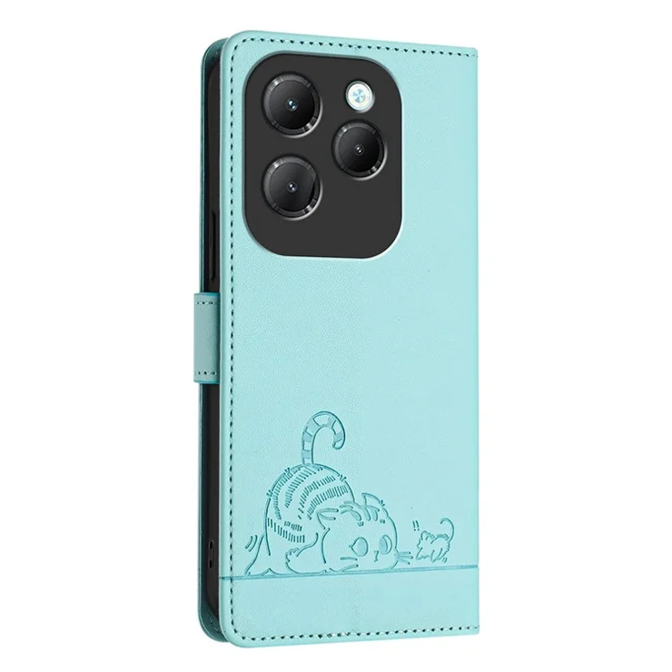 For Infinix Hot 40 Pro / Hot 40 Case with Strap RFID Blocking Leather Wallet Phone Cover Cat Mouse Pattern - Mint Green