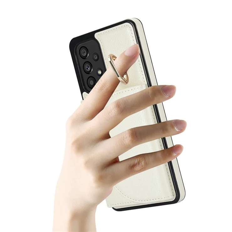 For Samsung Galaxy A53 5G Phone Cover RFID Blocking Wallet Case with Ring Kickstand - White