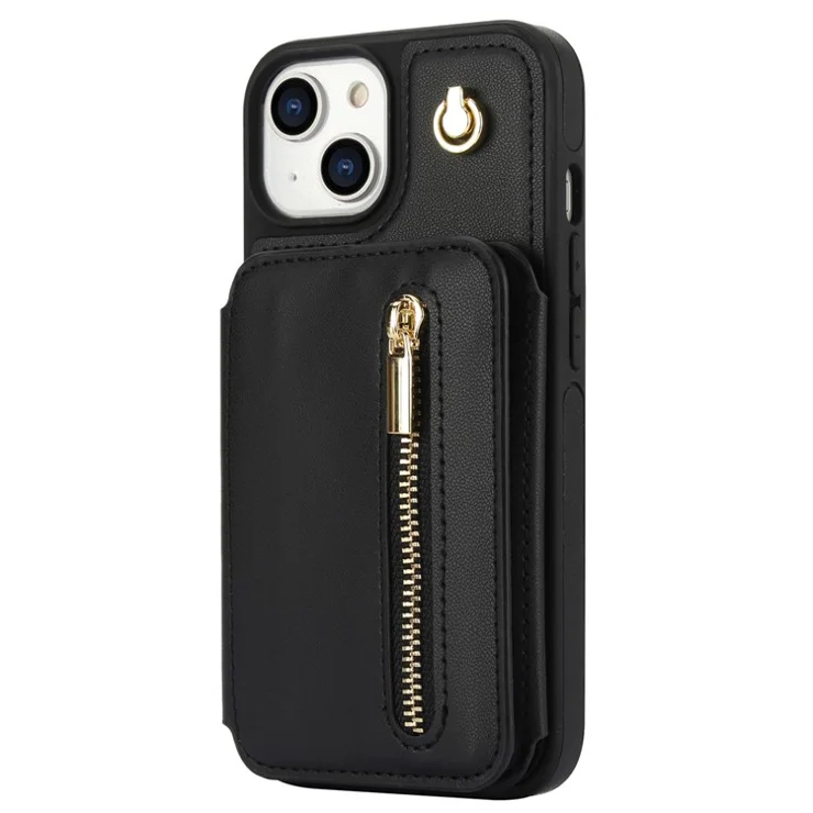 For iPhone 14 Case Zipper Pocket Leather Coated TPU Crossbody Phone Cover - Black