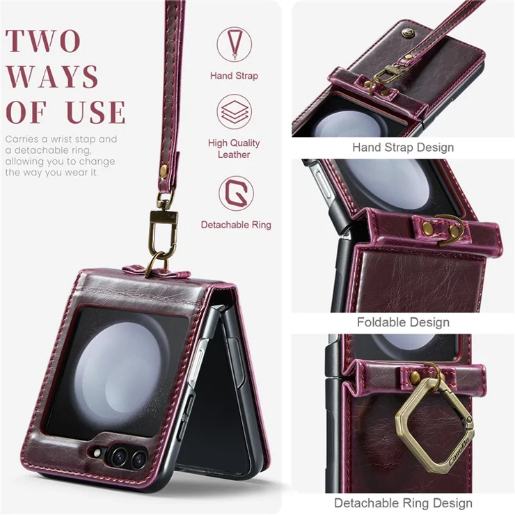 CASEME 003 Series For Samsung Galaxy Z Flip5 5G Case Leather Phone Cover Ring Kickstand - Wine Red