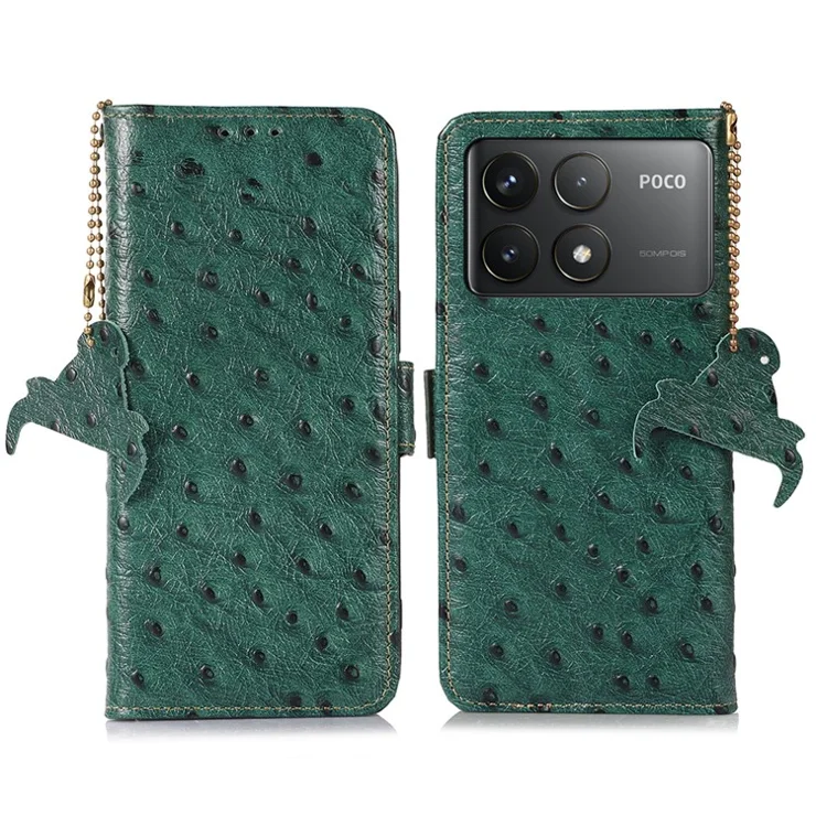 For Xiaomi Poco F6 Pro 5G / Redmi K70 5G / K70 Pro 5G Wallet Case RFID Blocking Ostrich Texture Genuine Cow Leather Phone Cover - Green