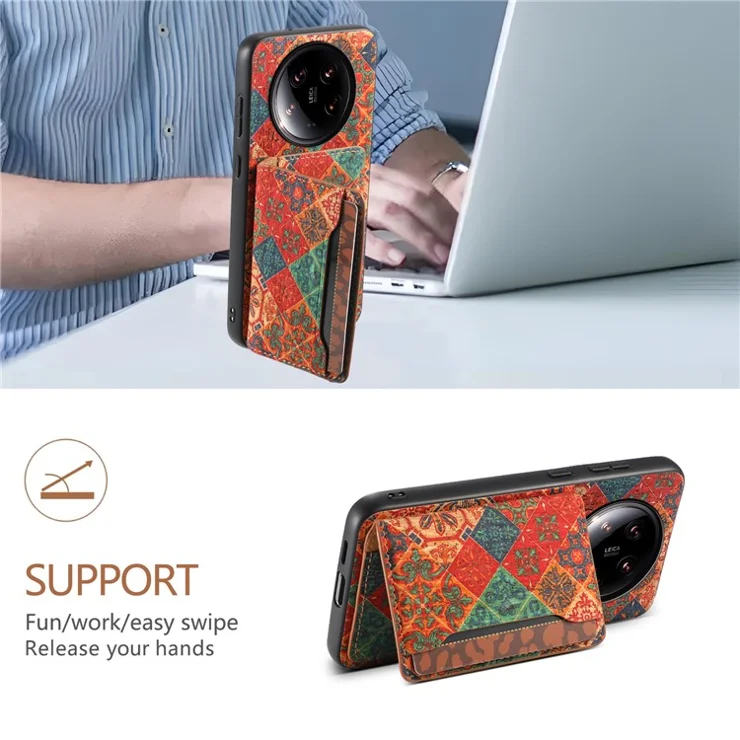 For Xiaomi 14 Ultra Kickstand Case Card Slot PU Covered Hybrid Phone Protector Floral Pattern - Winter / Blue