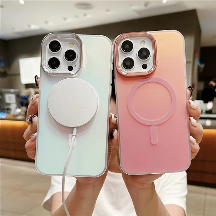 For iPhone 13 Pro Magnetic Case Gradient Aurora TPU+PC Phone Cover - Light Pink