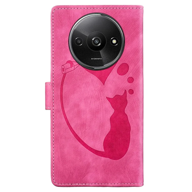 For Xiaomi Redmi A3 4G / Poco C61 4G Case Flip Stand Leather Phone Cover Cat Love Heart Imprinted - Rose