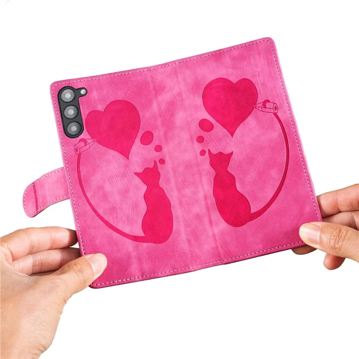 For Samsung Galaxy S23+ Wallet Case Cute Cat Imprint PU Leather Flip Phone Cover - Rose