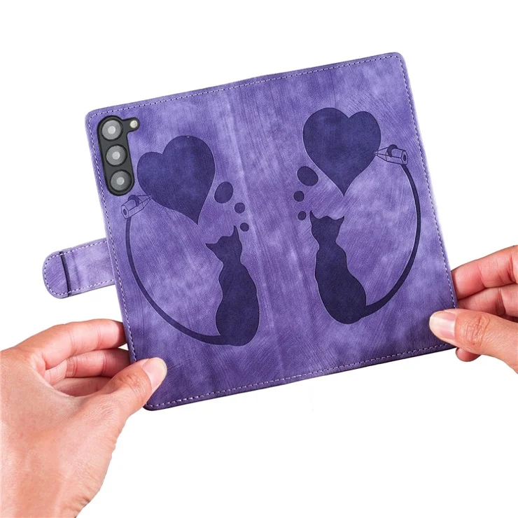 For Samsung Galaxy S23 Phone Case Cute Cat Imprint PU Leather Wallet Flip Cover - Purple
