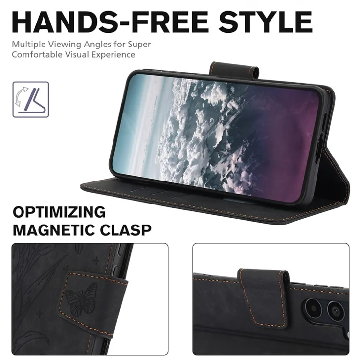SY-001 For Samsung Galaxy A15 4G / 5G Case Stand Handbag Butterfly Flower Leather Phone Cover - Black