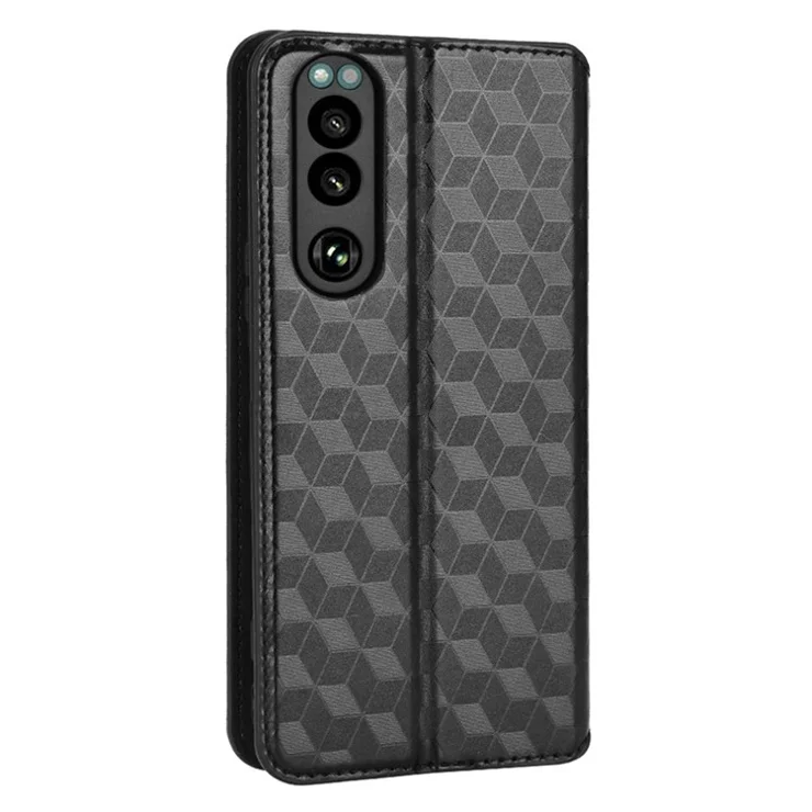 For Sony Xperia 5 IV 5G PU Leather Stand Phone Case Imprinting Rhombus Pattern Magnetic Closure Wallet Cover - Black